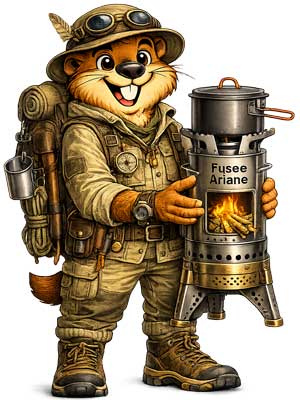 Réchaud bois fusée avec alimentation latérale pour bushcraft, bivouac et cuisson à haut rendement.