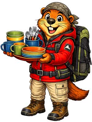 Set vaisselle de camping complet pour randonnée, bivouac, trekking et repas en pleine nature.